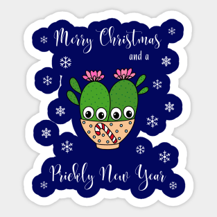 Merry Christmas And A Prickly New Year - Cacti Couple In Christmas Candy Cane Bowl Sticker